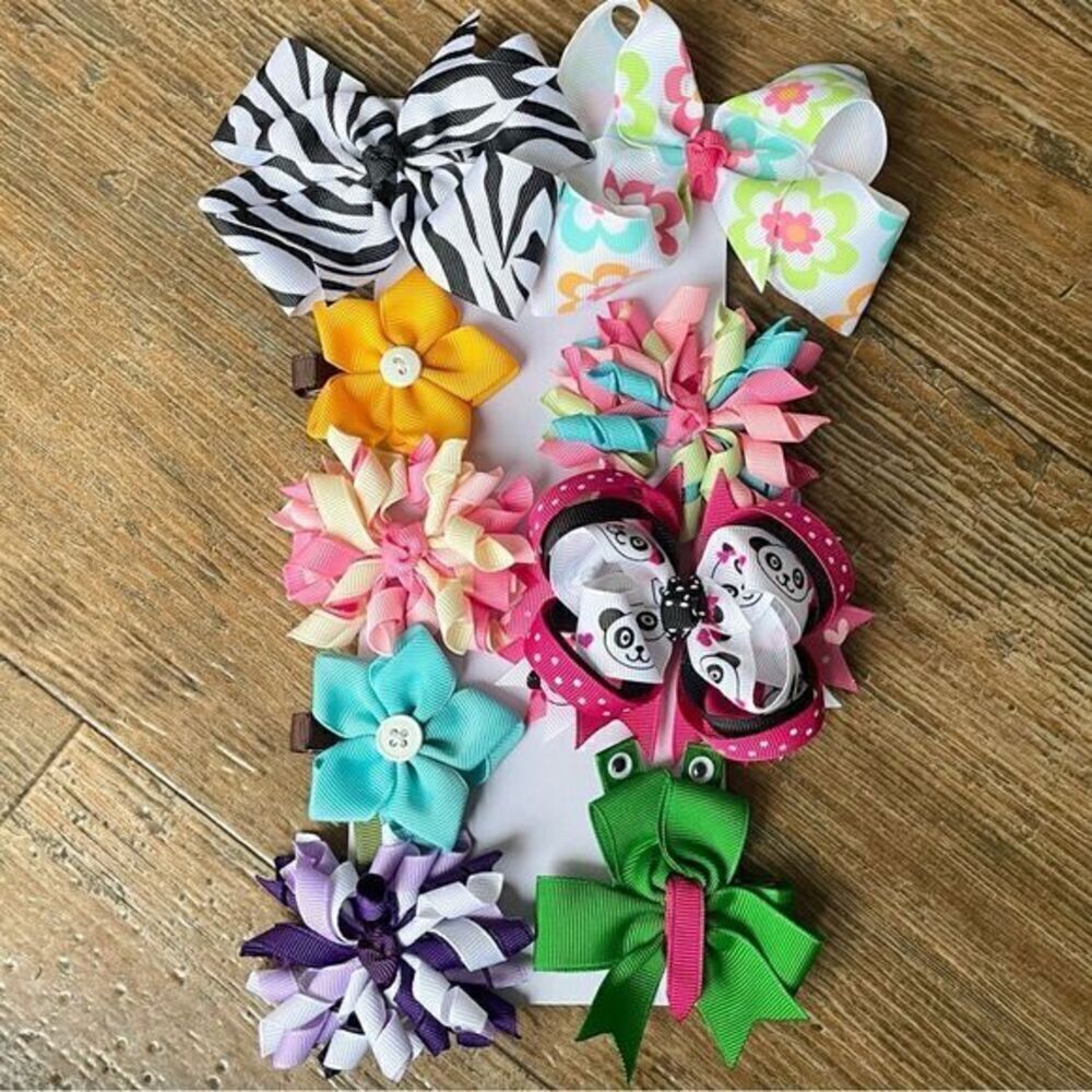 Handcrafted Grosgrain Ribbon No-Slip Grippy Hair Bows Bundle Set of 9 NEW